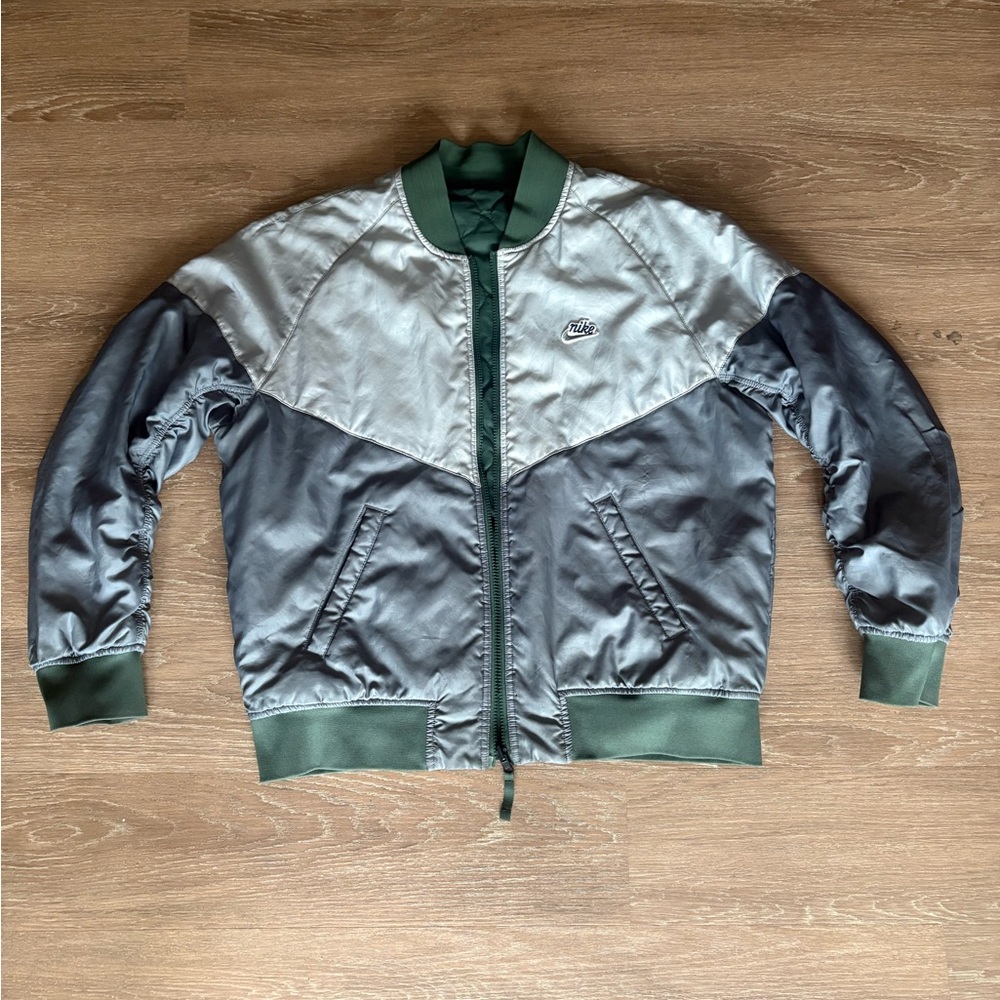 Nike Men's Silver and Green Bomber Jacket